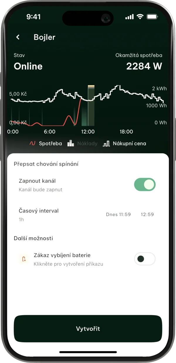 Přepsat chování spínání v aplikaci Cubee: zapnout kanál, časový interval a zákaz vybíjení baterie