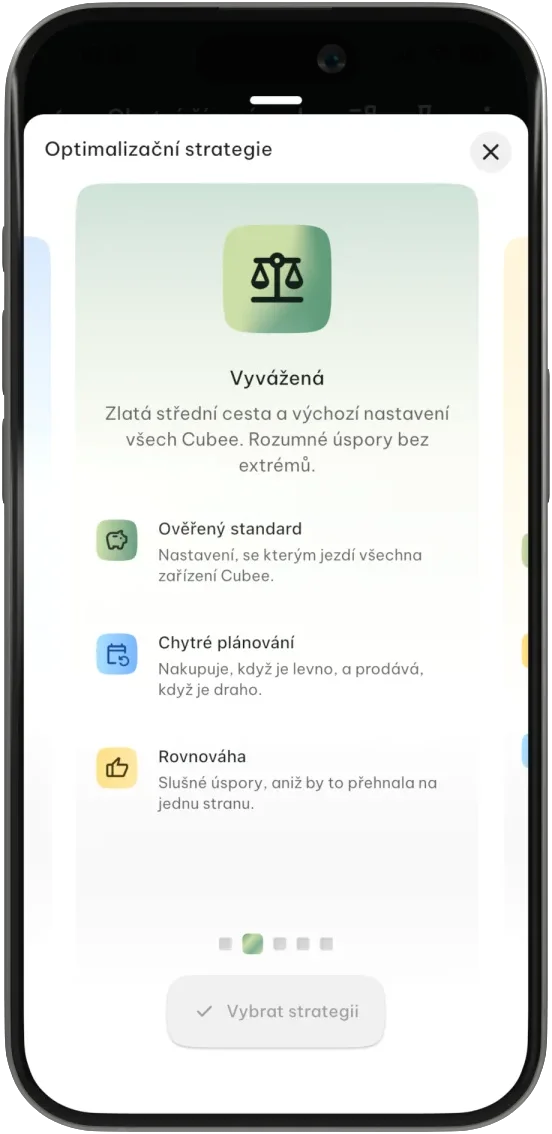 Obrazovka Optimalizační strategie v aplikaci Cubee: strategie Vyvážená