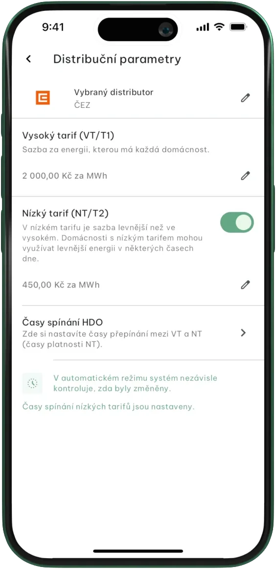 Distribuční parametry: distributor, vysoký a nízký tarif, časy HDO